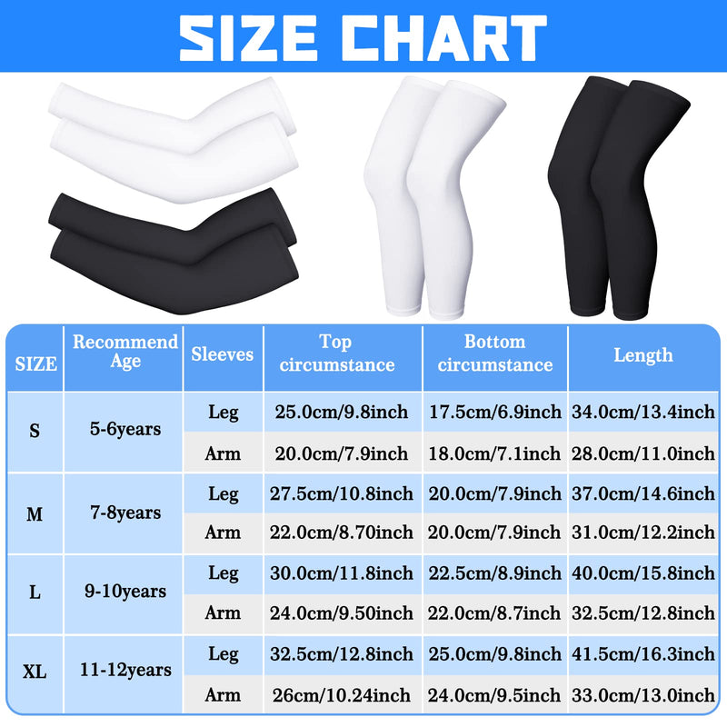 [Australia] - 4 Pairs Kids Long Compression Leg Sleeves and Compression Arm Sleeves Youth Basketball Leg Sleeves Black and White Large 