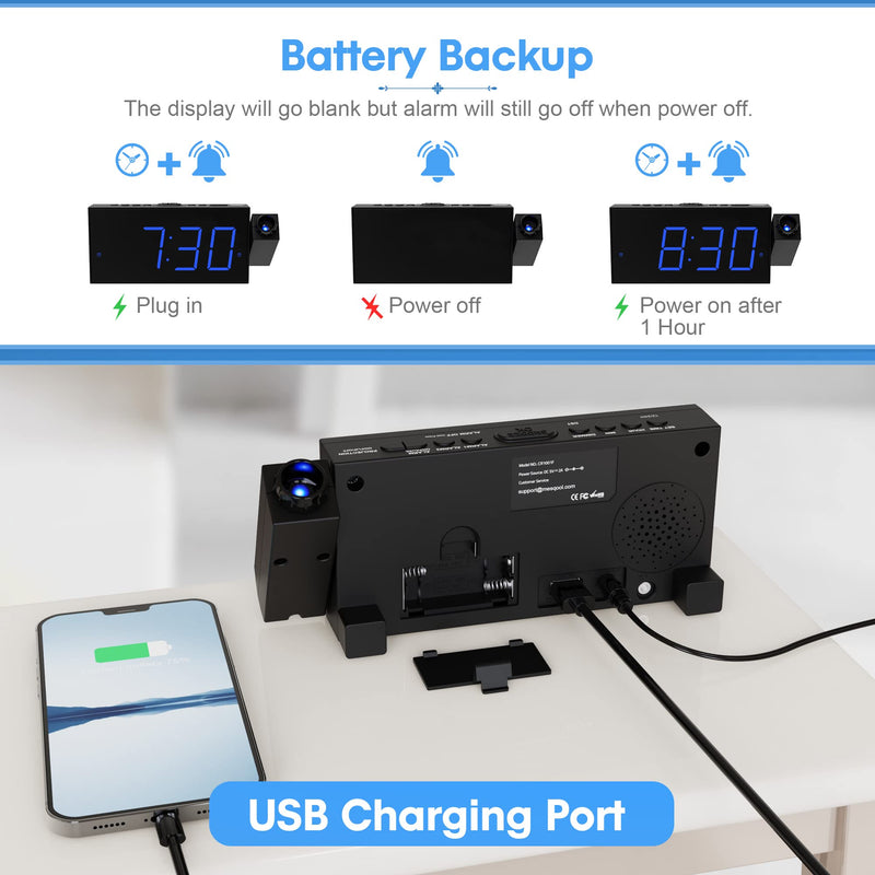 [Australia] - Digital Projection Alarm Clock for Bedroom, Large LED Alarm Clock with Projection on Ceiling Wall, 350°Projector,Dimmer,USB Charger, Battery Backup Loud Dual Alarm Clock for Heavy Sleeper Kids Elderly Blue Digits; Blue Projection 