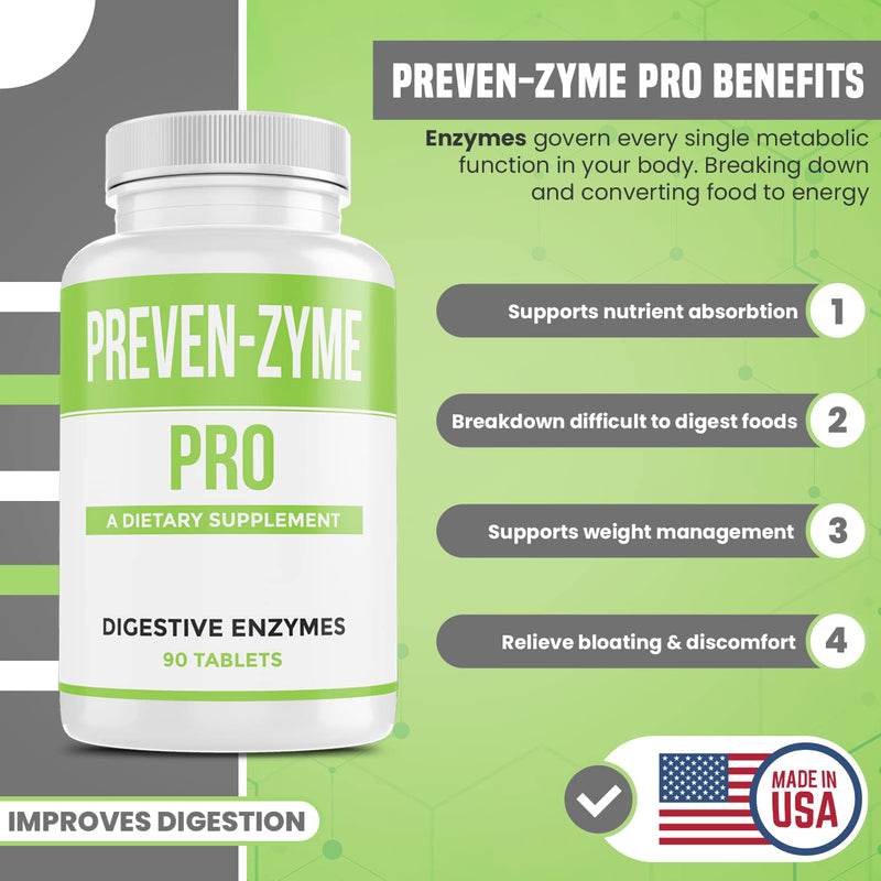 [Australia] - Prevenzyme Pro Digestive Enzyme Supplement (90 Tabs) Manufactured by Legere Pharmaceuticals for ES Global Supports Healthy Digestion, Relieves Gas & Bloating with Pepsin Pancreatin Papain Bromelain 