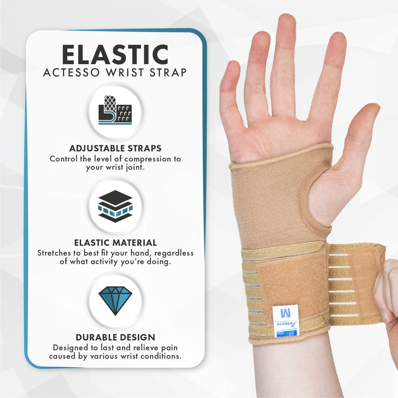 [Australia] - Actesso Elastic Wrist Support with Strap - Ideal for Sprains, Injury or Sports Use with no Metal bar - Support Without inhibiting Flexibility | Left or Right (Small, Beige) S (Pack of 1) 