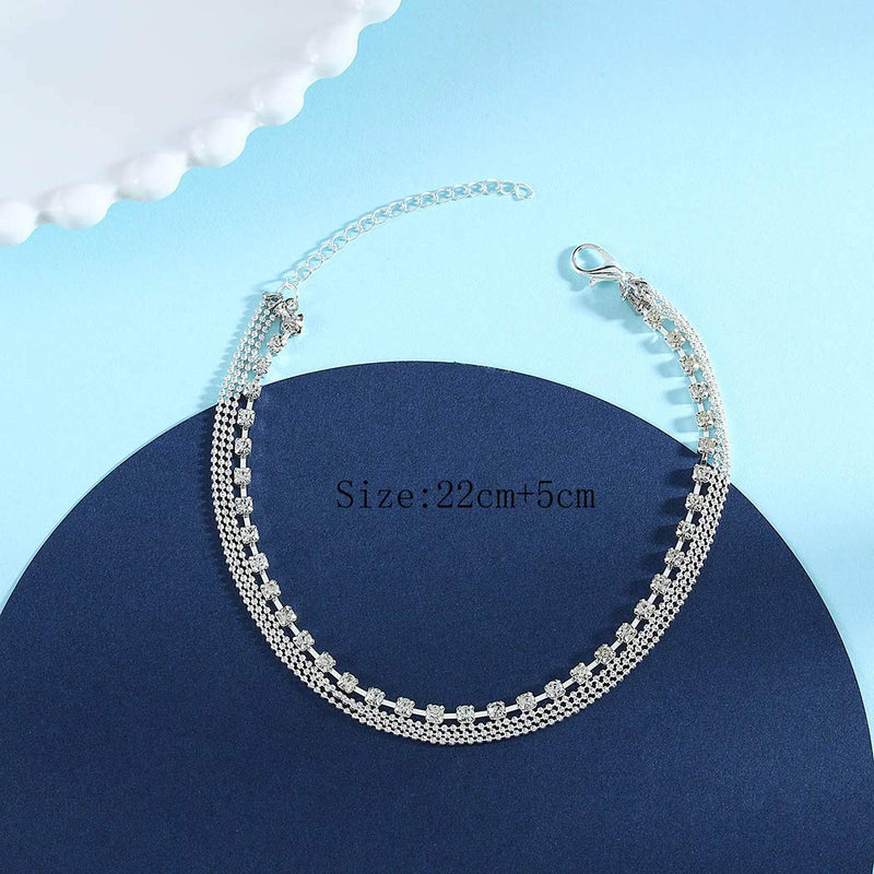 [Australia] - Jeweky Boho Layered Crystal Anklets Silver Rhinestone Ankle Bracelets Chain Beach Foot Jewelry for Women and Girls 