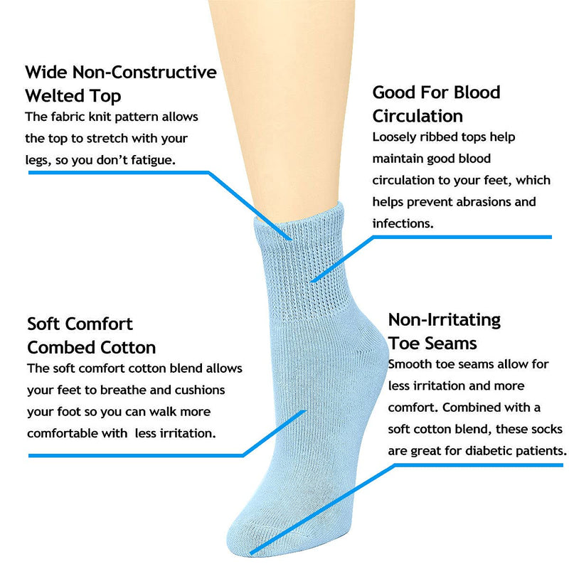 [Australia] - Falari Women Diabetic Socks Diabetes Edema and Circulatory Loose Fitting Cotton Crew Socks - 6 Pairs Quarter Height - Assorted 9-11 