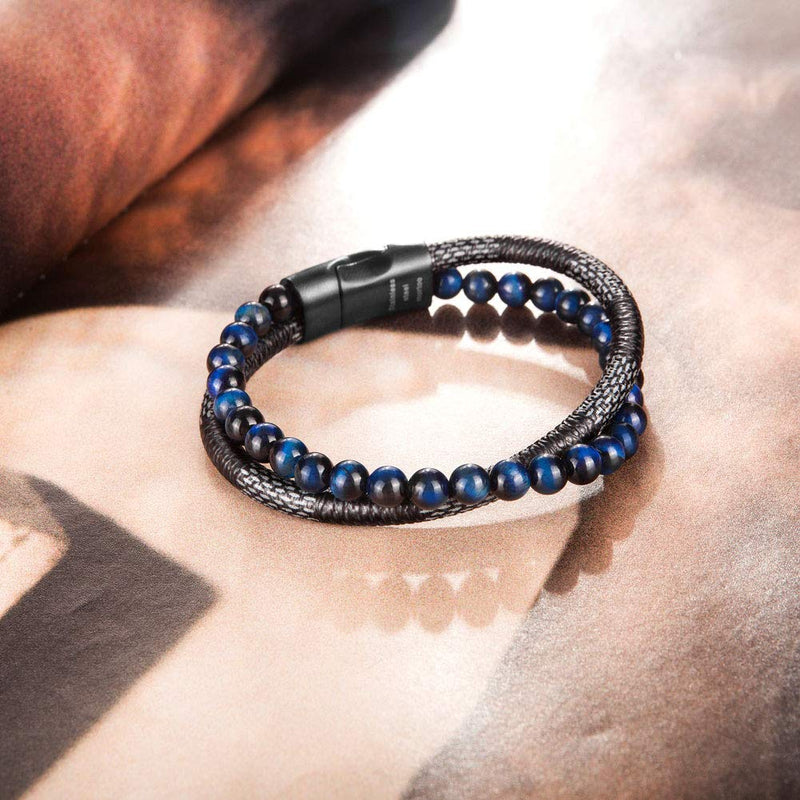 [Australia] - murtoo Mens Bead Leather Bracelet, Natural Bead, Steel and Leather Bracelet for Men blue,black 