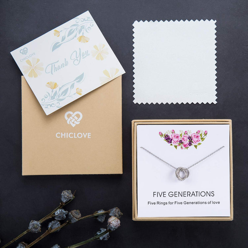 [Australia] - CHICLOVE Five Generations Necklace - Sterling Silver Necklace Gift for Grandmother, Gift for Mom Grandma Nana, Grandma, Great Grandma Gift (Five Generations Gifts) 