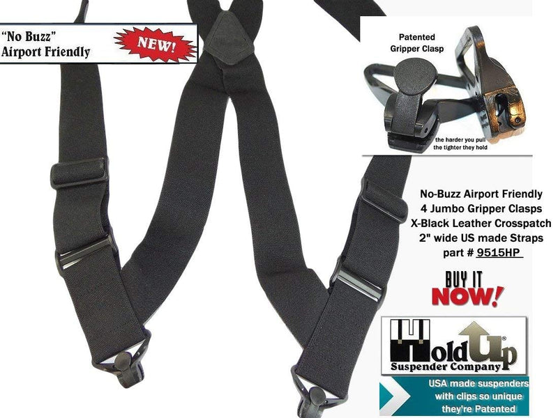 [Australia] - Airport Friendly Holdup Brand No-buzz Black 2" wide Hip Clip Suspenders with patented Jumbo Composite Plastic Gripper Clasps 