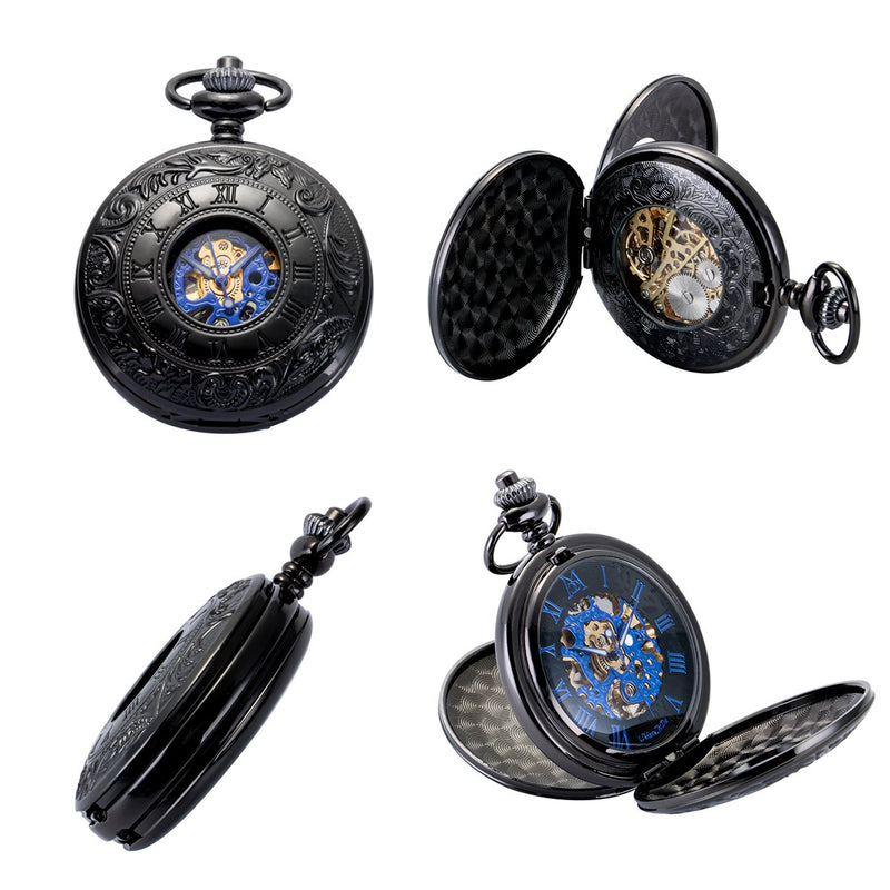 [Australia] - ManChDa Mechanical Roman Numerals Dial Skeleton Pocket Watches with Box and Chains for Mens Women 1.Black Blue 