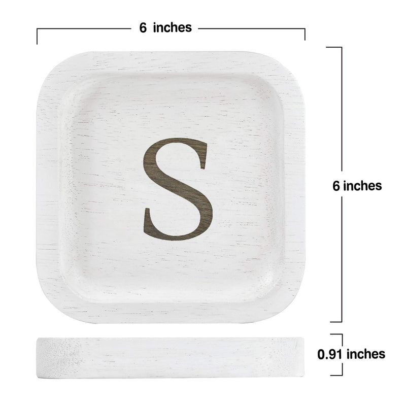 [Australia] - Solid Wood Personalized Initial Letter Jewelry Display Tray Decorative Trinket Dish Gifts For Rings Earrings Necklaces Bracelet Watch Holder (6"x6" Sq White "S") 6"x6" Sq White "S" 