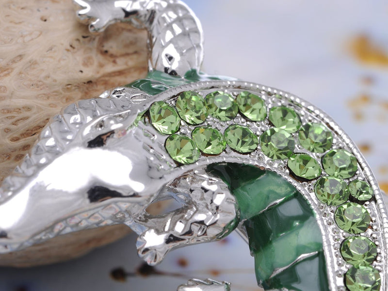 [Australia] - Alilang Green Silvery Tone Crawling Alligator Crocodile Reptile Body Brooch Pin 