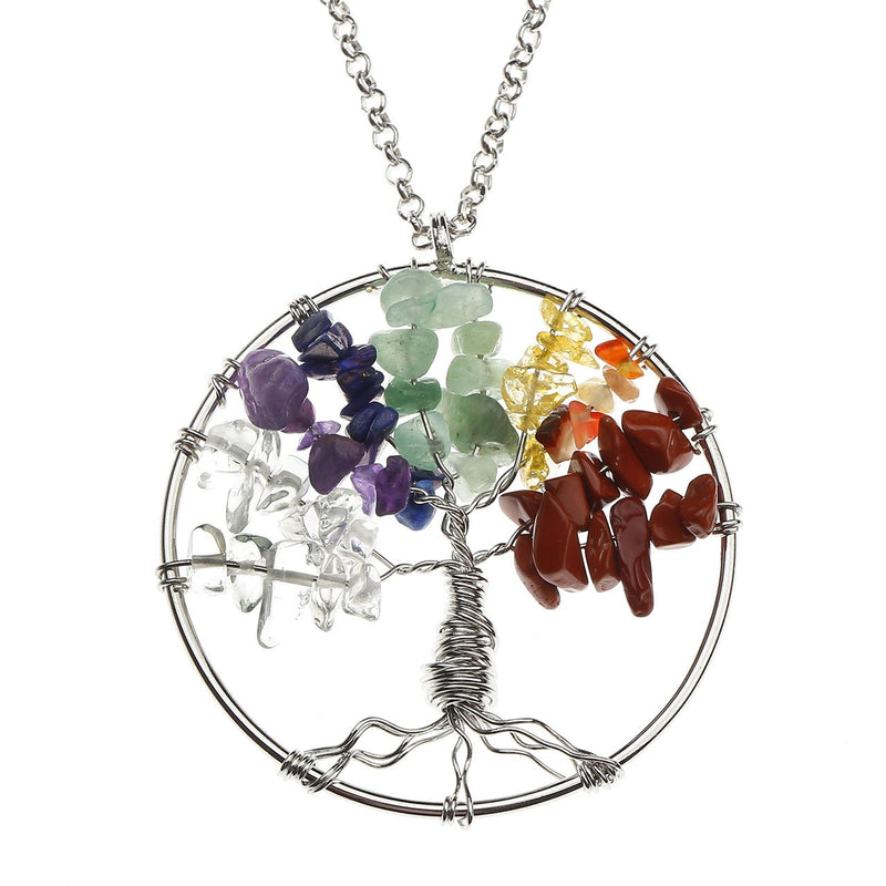 [Australia] - Jovivi 7 Chakra Tree of Life Tumbled Gemstone Healing Crystals Necklace & Earrings & Chakra Bracelet Sets 4pcs: Tree of Life Necklace & Earrings & 7 Chakras Bracelet 