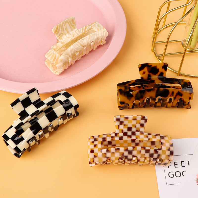 [Australia] - HAYHOI 4PCS Hair Claw Clips, Celluloid French Butterfly Jaw, Tortoise Shell Grip Pin Teeth Clamp-Stylish Accessories for Women Girls Thick Thin Curly Straight Long Hair, Checkerboard, Leopard, White 1C 