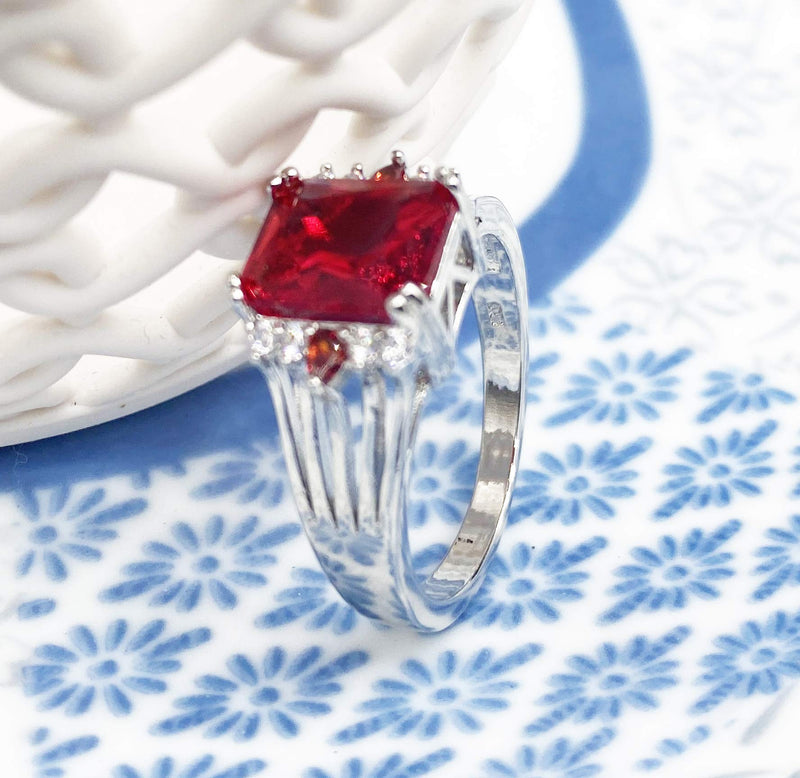 [Australia] - 6 Colors Square Crystal Rings for Women Size 6-10 - S925 Silver Plated Cubic Zirconia Jewelry Red 