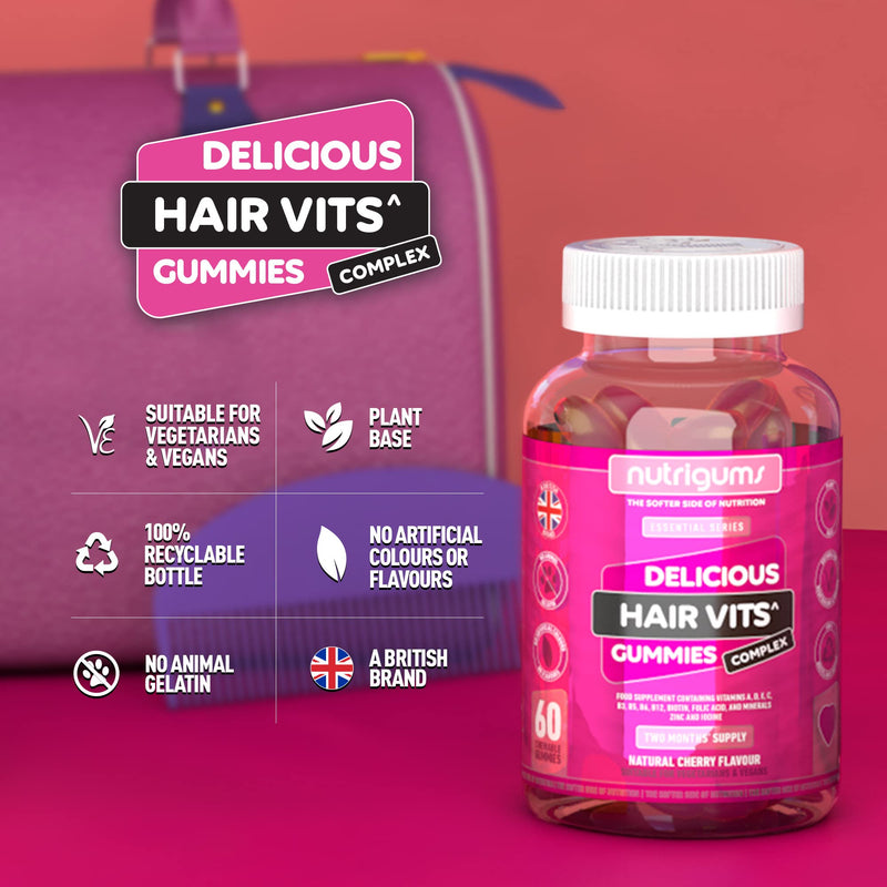 [Australia] - Hair Vitamin Biotin Complex | 60 Vegan Cherry Flavour Gummies | Two Month Supply | Contains 12 Essential Nutrients with Biotin, Zinc & Vitamin A & C by NUTRIGUMS� 