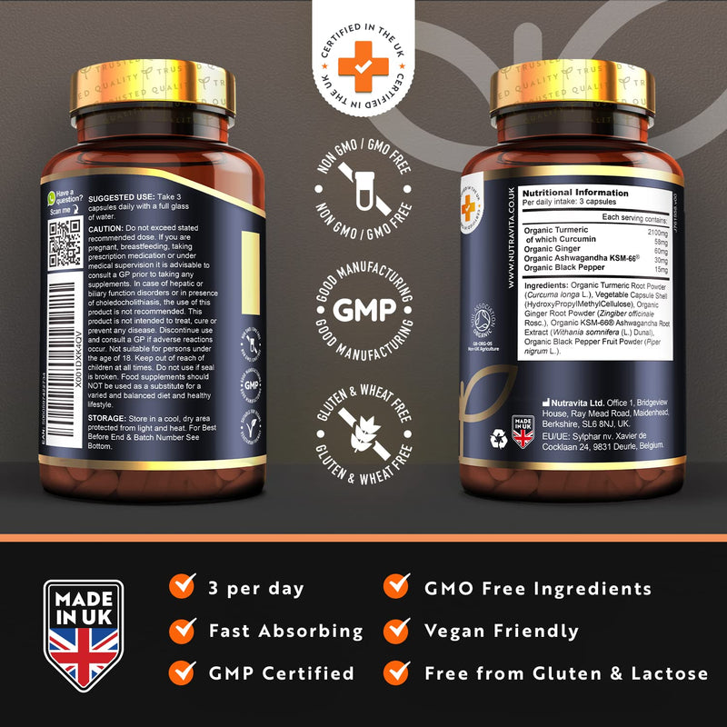 [Australia] - Organic Turmeric 2100mg (High Strength) & Ashwagandha KSM-66 � with Ginger & Black Pepper - 180 Vegan Capsules (2 Month Supply) - Ayurveda Supplement - Made in The UK by Nutravita 