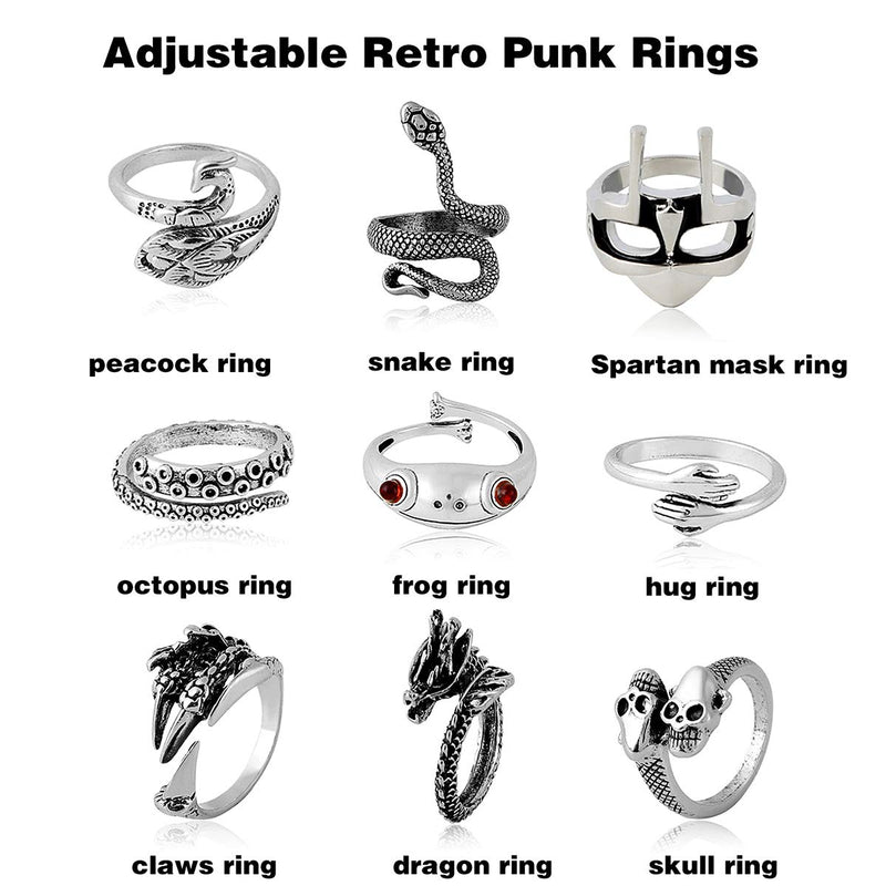 [Australia] - AIDSOTOU 9 Pieces Mens Cool Punk Rings Vintage Goth Frog Snake Skull Biker Rings Set for Men Women Adjustable Size 