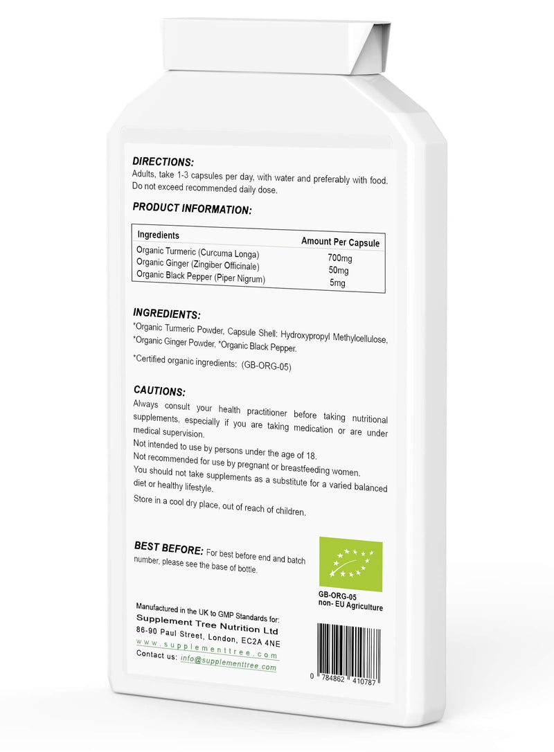 [Australia] - Organic Turmeric Curcumin with Organic Ginger & Black Pepper 120 Capsules | Highest Potency Tumeric Supplement | Soil Association Certified 