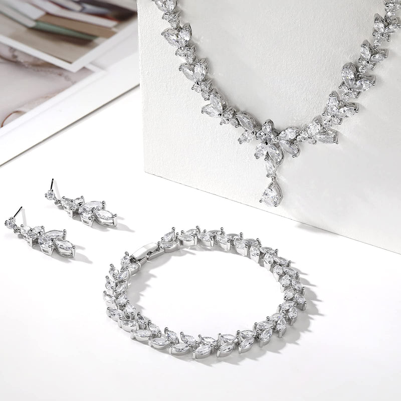 [Australia] - Juicfru Wedding Jewelry Set for Bride Women, Crystal Rhinestone Backdrop Necklace Earring Sets for Prom, Rhinestone Jewelry Sets for Bridesmaid, Bridemaids Jewelry Set for Wedding 4#A-Leaf-Necklace+Earrings+Bracelet 