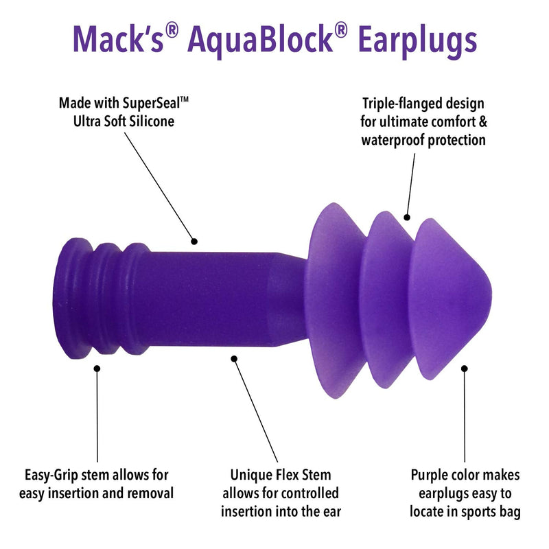 [Australia] - Mack's AquaBlock Swimming Earplugs - Comfortable, Waterproof, Reusable Silicone Ear Plugs for Swimming, Snorkeling, Showering, Surfing and Bathing 2 Pair - Purple 