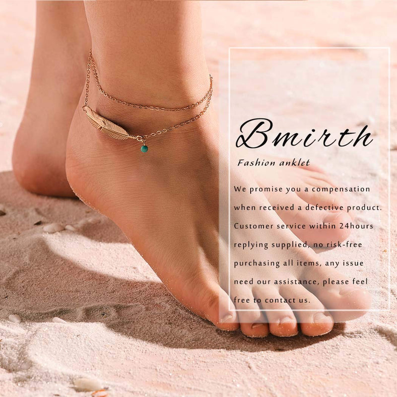 [Australia] - Bmirth Boho Leaf Anklets Layering Turquoise Ankle Bracelets Vintage Feather Ankle Chain Adjustable Foot Chain Jewelry for Women and Girls (Gold) Gold 