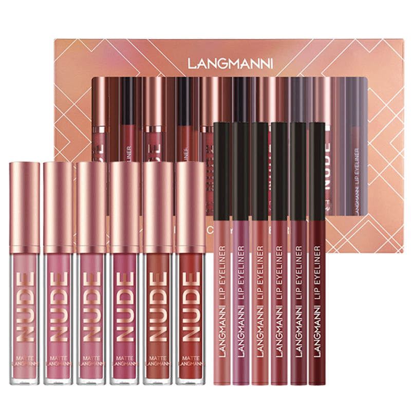 [Australia] - Petansy 12pcs Lipstick Makeup Kit, 6 Colors Matte Nude Liquid Lip Sticks + 6 Matching Smooth Lip Liner, All in One Waterproof Long Lasting Lips Color Gloss Make up Gift Set for Girls and Women (set) 