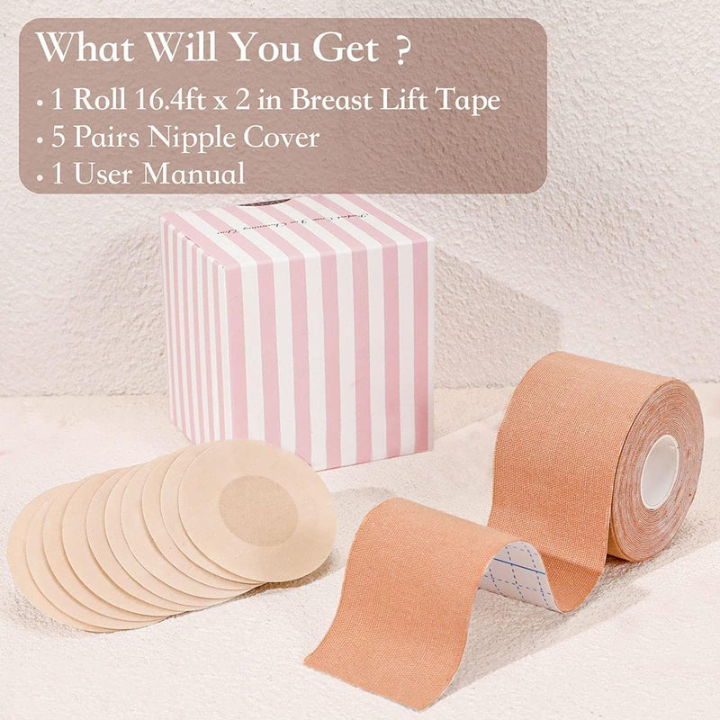 [Australia] - Boob Tape and 10 Pcs Backless Nipple Cover Set, Breathable Breast Lift Tape Boobytape for Breast Lift Athletic Tape with Breast Petals Disposable Adhesive Bra for A-E Cup Large Breast 