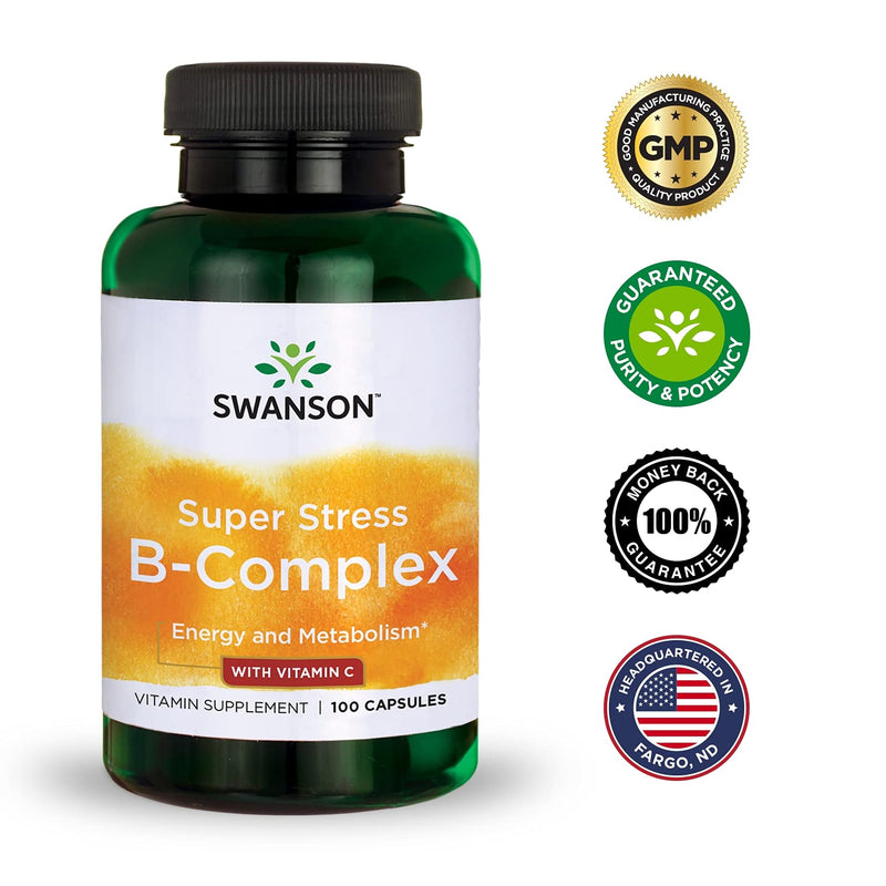 [Australia] - Swanson Vitamin B-Complex w/Vitamin C - Natural Supplement Promoting Stress Relief, Energy Support & Aiding Immune Health - May Support Metabolism & Nervous Health - (100 Capsules) 