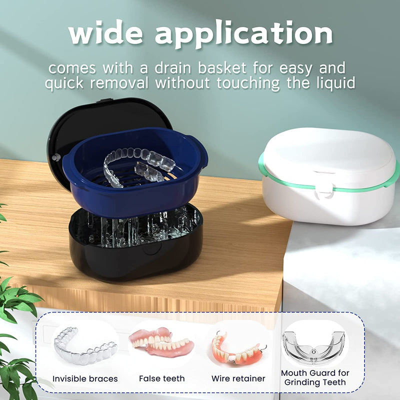 [Australia] - Denture Bath Box and Denture Brush Denture&Retainer Set, Denture Case with Mirror (Black) Black 