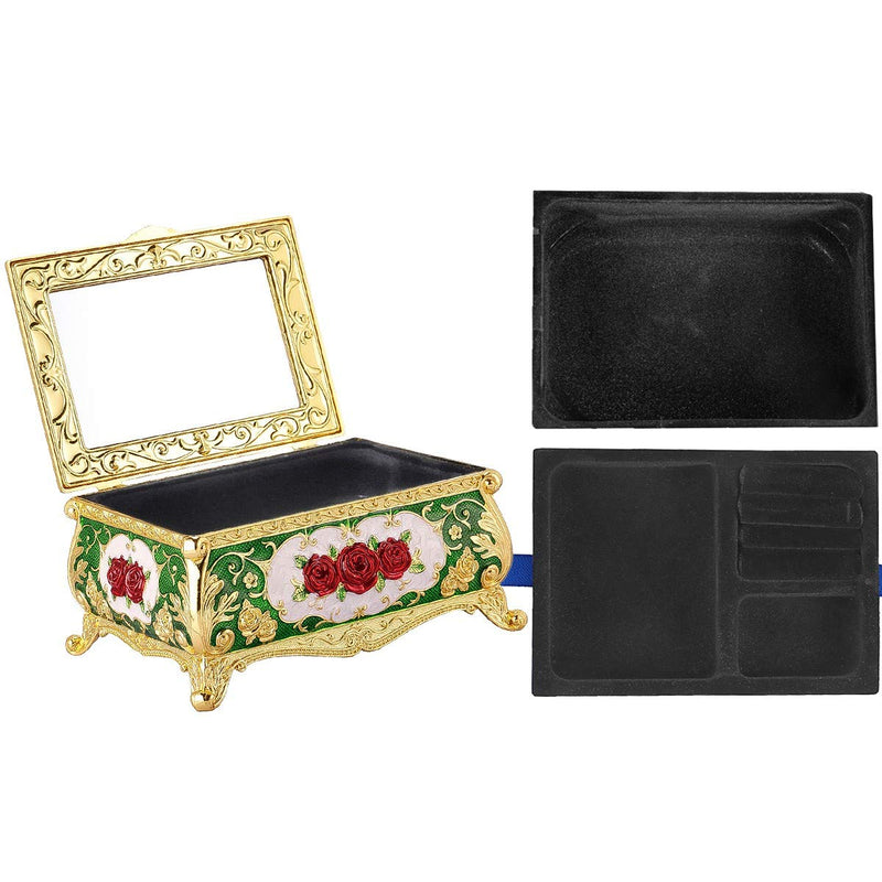 [Australia] - Nupuyai Luxury Vintage Rectangle Enameled Decorative Metal Jewelry Trinket Box for Women, Green Box with Red Rose Green/Red 