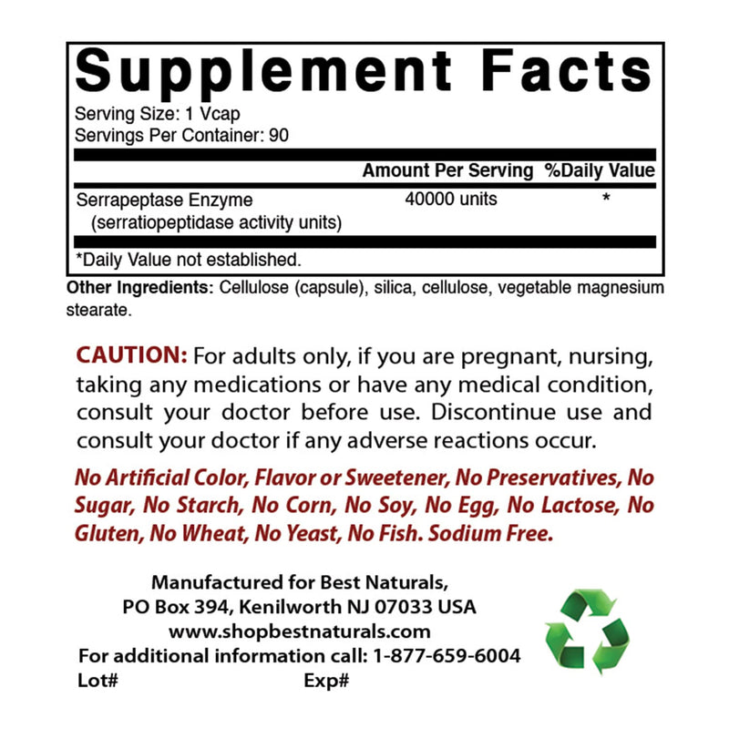 [Australia] - Best Naturals Serrapeptase 40000 SPUs 90 Vcaps (90 Count (Pack of 2)) 90 Count (Pack of 2) 