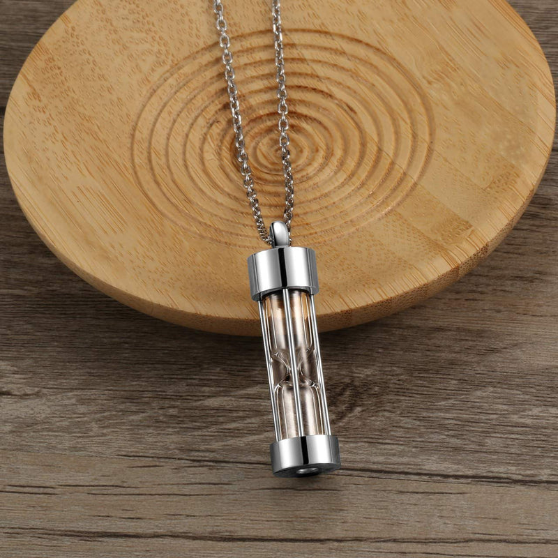 [Australia] - Zysta Glass Hourglass Ashes Keepsake Necklace Personalized Cylinder Tube Pendant Necklaces for Men Women Customized Engraved Quicksand Memorial Urns Cremation Locket Sealed Sand Ash Urn Container Silver non-engraving 