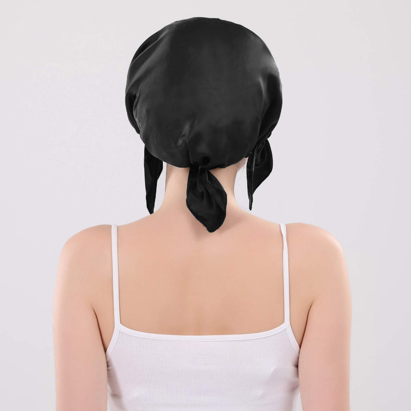 [Australia] - Everkeen 100% Mulberry Silk Night Sleep Cap for Women Hair Beauty Bonnet Sleeping Hat with Adjustable Elastic Ribbon Black 