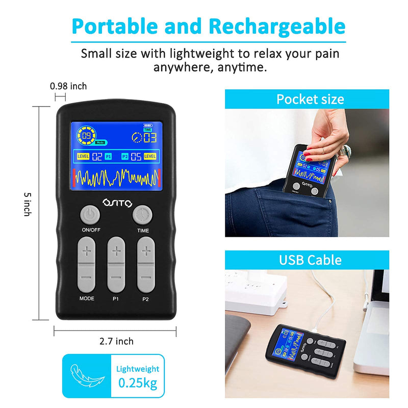 [Australia] - TENS Unit Machine (F.D.A.- Cleared) Dual Channel EMS Muscle Stimulator with 25 Modes 50 Intensities for Full Body Massage Therapy, Rechargeable Muscle Massager with 10 Electrodes Pads 