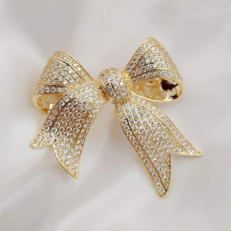 [Australia] - DREAMLANDSALES Victorian Vintage Gold Tone Full Micro Pave Ribbon Bow Brooches Pins Women Accessory 