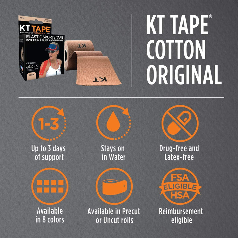 [Australia] - KT Tape Original Cotton Elastic Kinesiology Therapeutic Athletic Tape, 20 Pack, 10” Cut Strips Beige - Precut 