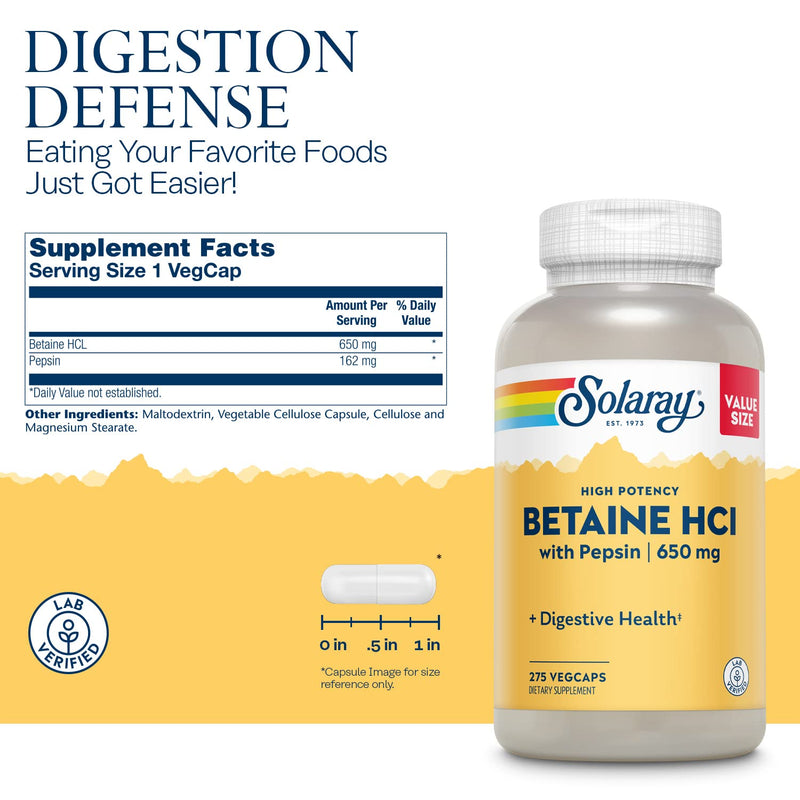 [Australia] - Solaray Betaine HCL with Pepsin, High Potency Hydrochloric Acid Formula, Healthy Digestion Supplement, Digestive Enzymes for Gut Health Support, 60-Day Guarantee (275 Servings, 275 Veg Caps) 275 Count (Pack of 1) 