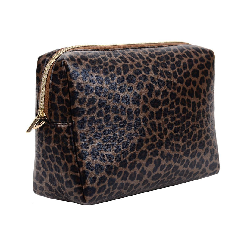 [Australia] - JUCT Leopard Print Travel Cosmetic Bag Portable Makeup Bags Waterproof PU Leather Makeup Pouch for Women Girls 10.2×7.9×3.9 Inch (Brown Leopard Print) Brown Leopard Print 