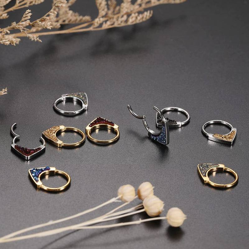 [Australia] - PEAKLINK 16G Drusy Daith Ring Nose Ring Hoop 316L Surgical Steel Septum Clicker Ring Septum Seamless Clicker Ring Earrings Rook Tragus Conch Piercing Jewelry Small Hoop Earring Black Drusy-Gold 16G-10mm 