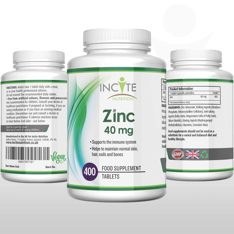 [Australia] - Zinc 40mg | 400 Premium Zinc Tablets Over 12 Month�s Supply | Maximum Strength Quality Pure Zinc Tablet | Suitable for Vegetarian & Vegans | Made in The UK by Incite Nutrition� 