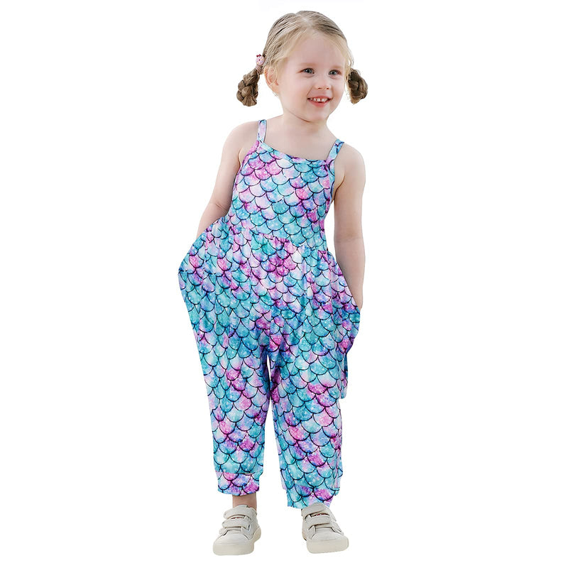 [Australia] - Toddler Baby Girls Jumpsuit Mermaid Dinosaur Floral Romper One Piece Summer Outfit Clothes Strap Harem Pants 1-6 Years Blue Mermaid 1-2T 