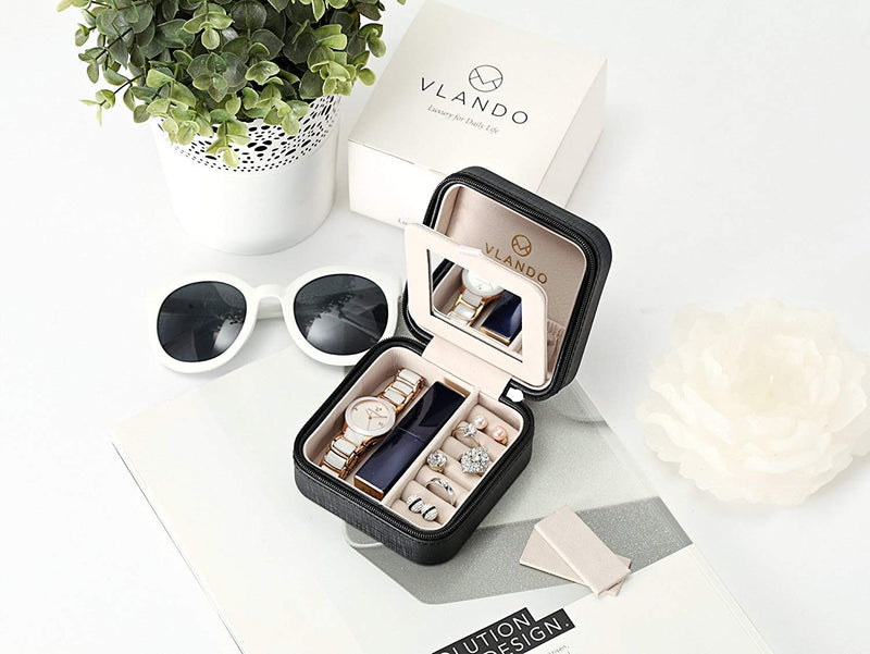 [Australia] - Vlando Small Travel Jewelry Box Organizer - Display Case for Girls Women Gift Rings Earrings Necklaces Storage with Mirror(Black) 4.black(mirror) 