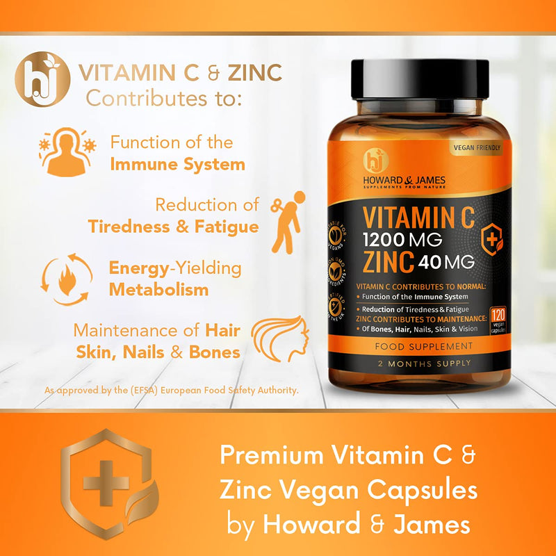[Australia] - Vitamin C 1200mg and Zinc 40mg per Daily Serving - 120 High Strength Vegan Capsules with Ascorbic Acid - 2 Month Supply - Made in The UK by Howard & James 