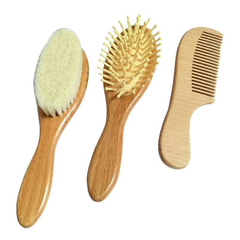 [Australia] - Molylove 3 Piece Baby Hair Brush and Comb Set for Newborn - Natural Wooden Hairbrush with Soft Goat Bristles for Cradle Cap - Perfect Scalp Grooming Product for Infant, Toddler, Kids - Baby 