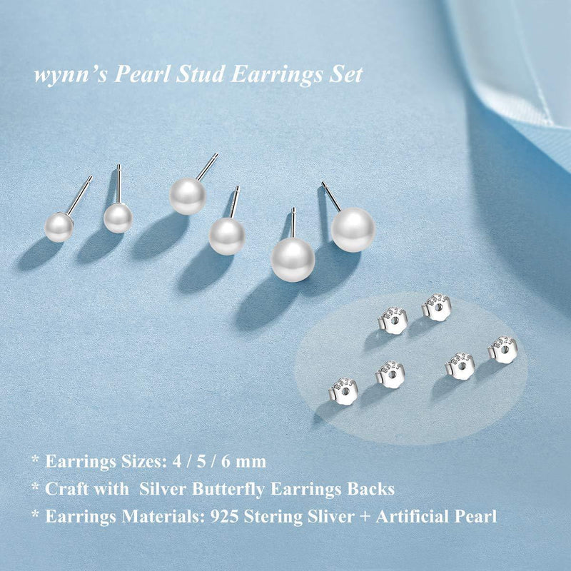 [Australia] - wynn's Silver Stud Earrings for Women, 3 Pairs 925 Sterling Silver Pearl Stud Earrings Set, Hypoallergenic Small Sleeper Cartilage Studs for Girls, Come with Silver Earring Backs, Size: 4/5/6 mm 