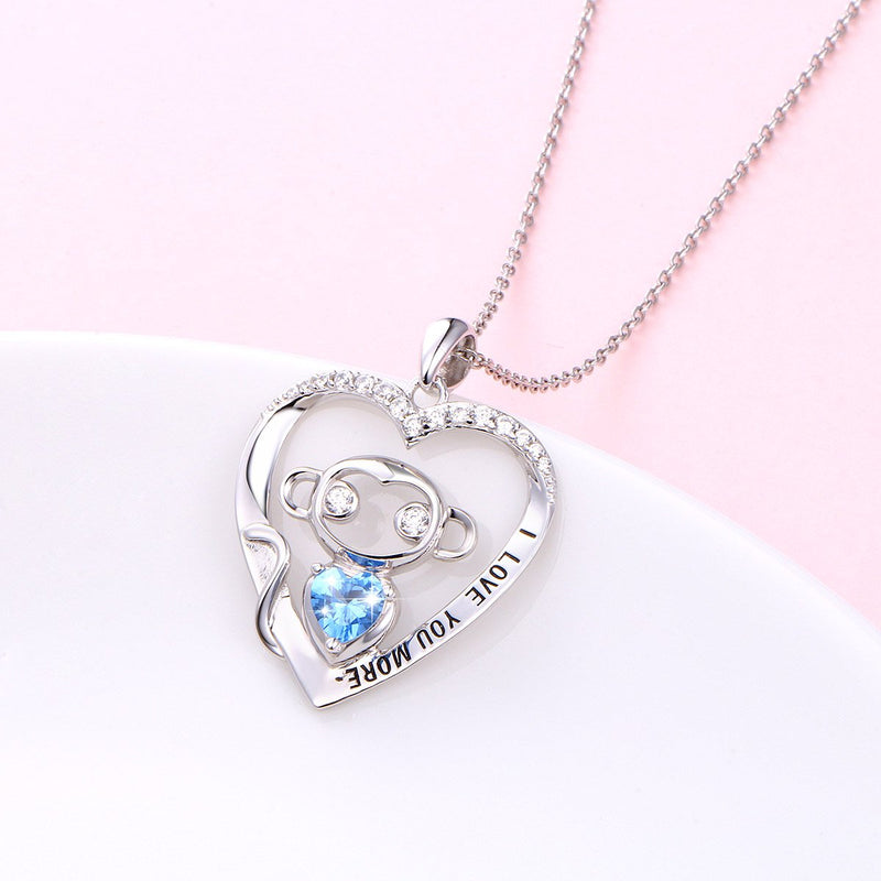 [Australia] - 925 Sterling Silver I Love You More Engraved Cute Animal Monkey in Heart Pendant Necklace/ Stud Earrings for Women Girls Birthday Gift 