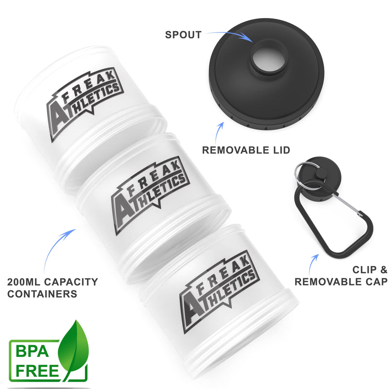 [Australia] - Freak Athletics Protein Powder Storage Container 3 Pack – 3 x 200ml BPA Free Storage Tub Pots for Protein Shakes, Whey Protein Powder, Vegan Protein Powders, Capsules & Tablets (Clear/Black Lid) Clear / Black Lid 