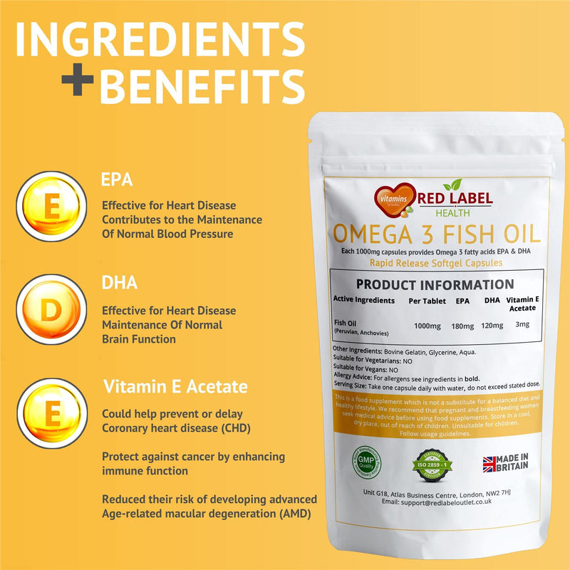 [Australia] - Omega 3 Fish Oil 1000mg - 90 Soft Gel Capsules (3 Months Supply) - Double Strength EPA & DHA - Supports Heart & Brain Health for Men & Women | Gluten Free | Made in UK. 