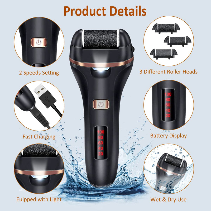 [Australia] - Electric Callus Remover for Feet,Rechargeable Foot File Hard Skin Remover,Waterproof 14 in1 Professional Pedicure Kit for Cracked Heels Calluses&Dead Skin,with 3 Roller Heads 2 Speed, Battery Display Black&Black 