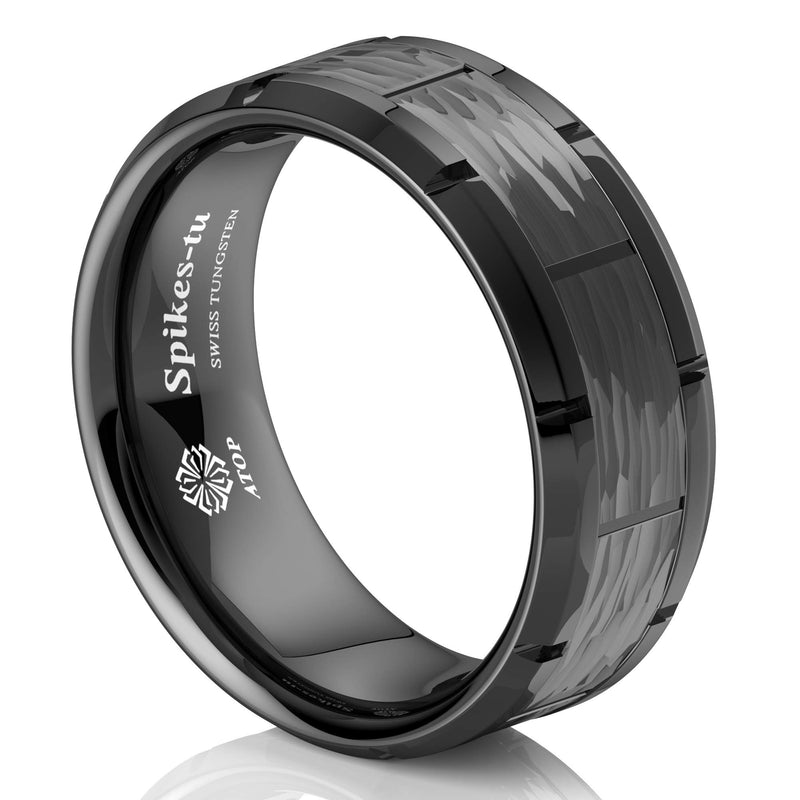 [Australia] - ATOP 8Mm Black Tungsten Carbide Ring for Mens Wedding Band Brushed Hammered Pattern Comfort Fit Male Bridal Engagement Ring Fashion 6 