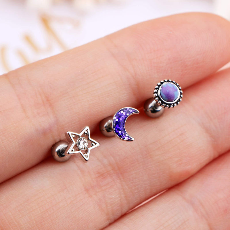[Australia] - Jewseen Cartilage Earrings 16g Tragus Earring 3Pcs Helix Earrings Moon Star Conch Earrings Body Piercing Jewelry 