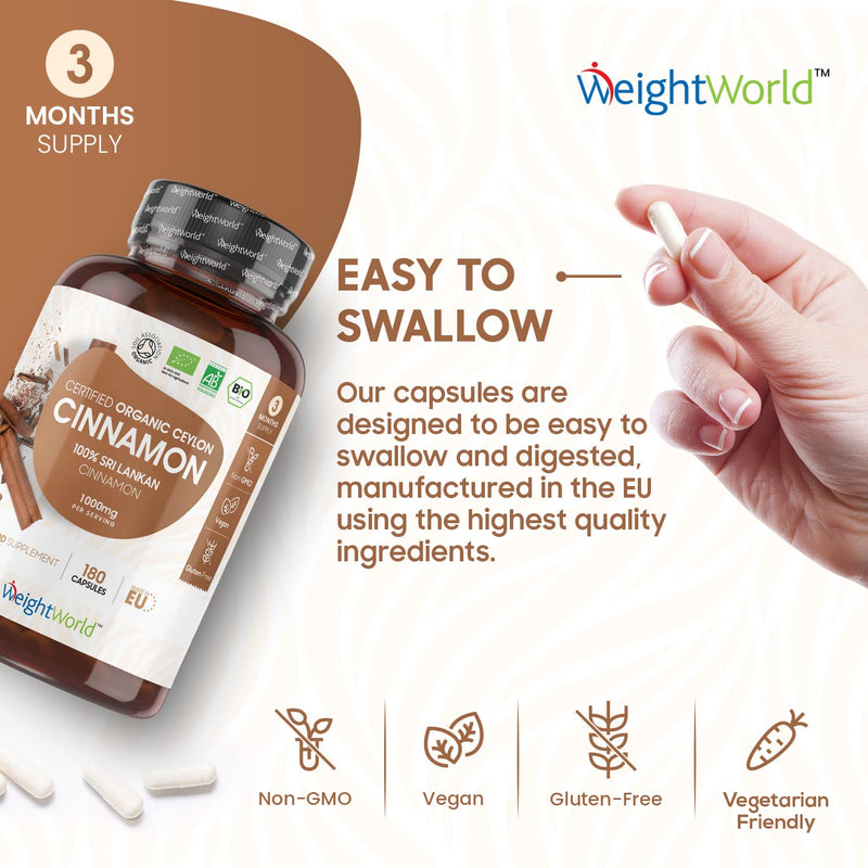 [Australia] - Organic Cinnamon Capsules 1500mg per Serving (3 Capsules) - 180 Vegan Capsules - Ceylon Cinnamon Powder - Soil Association Certified Digestion Supplement - Rich Source of Calcium - GMO & Gluten Free 