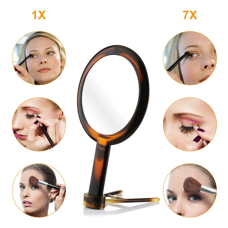 [Australia] - Beautifive Hand Mirror, Hand Held Mirrors with Adjustable Handle，1x/7x Magnifying Double Sided Handheld Makeup Mirror with Stand for Vanity Beauty Travel Table Shaving Bathroom Amber Color 1X/7X 